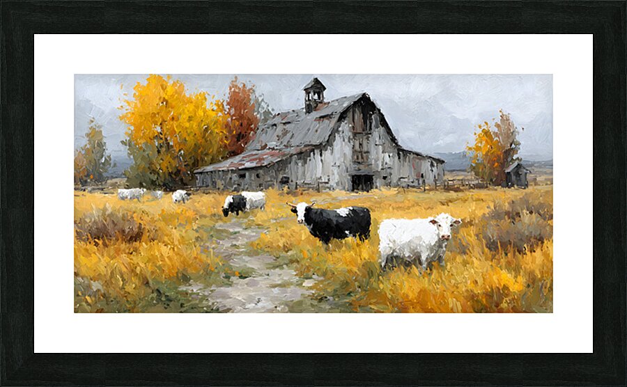 Autumn Barn with Grazing Cows – Farmhouse Landscape Art Print Picture Frame print