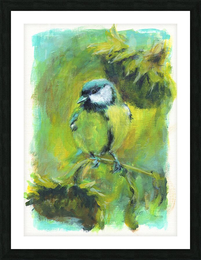 Great tit with sunflowers acrylic painting  Picture Frame print