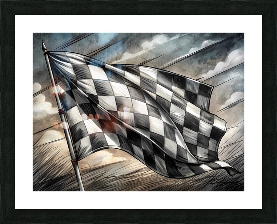 Monochrome Pencil Sketch of a Waving Checkered Racing Flag Picture Frame print