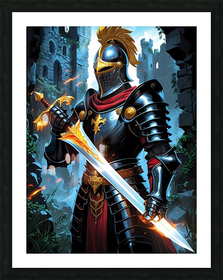 Epic Knight with Flaming Sword – Medieval Fantasy Warrior Art Picture Frame print
