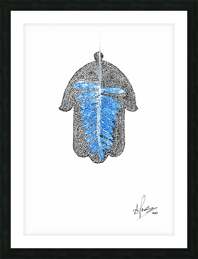 Hamsa Mircro-Blessing with a Blue Fern Monoprint Picture Frame print