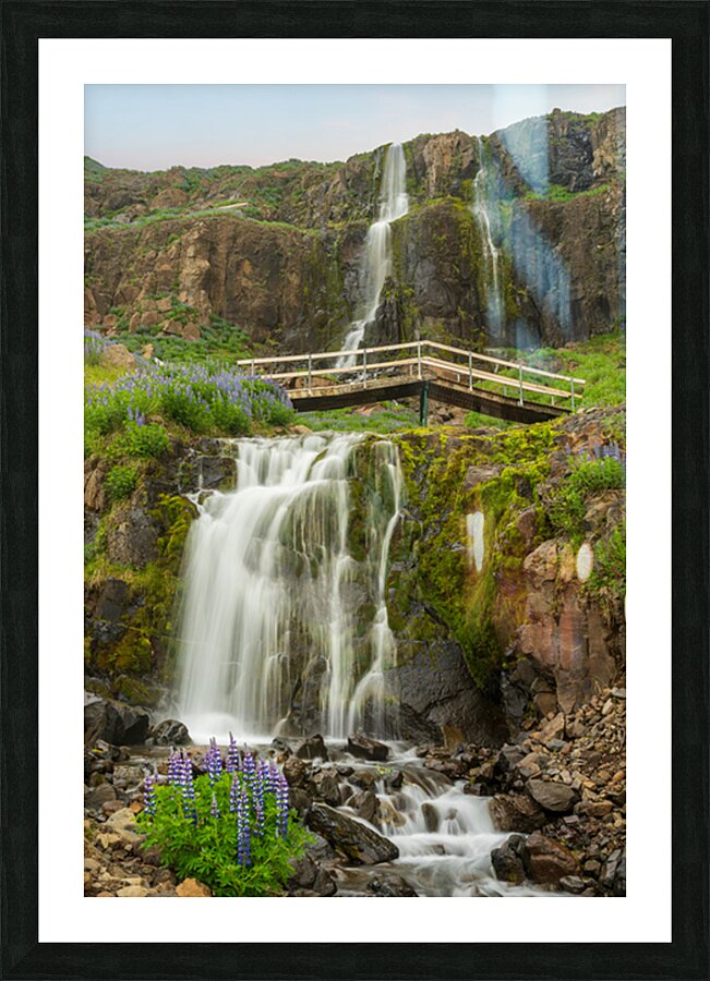 Budareyrarfoss waterfall cascades down the mountain by the port  Picture Frame print