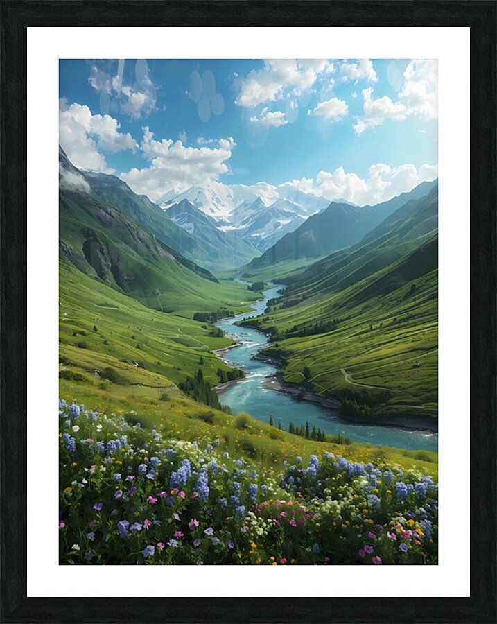 Majestic Mountain Valley with River and Wildflowers – Stunning Nature Landscape Picture Frame print