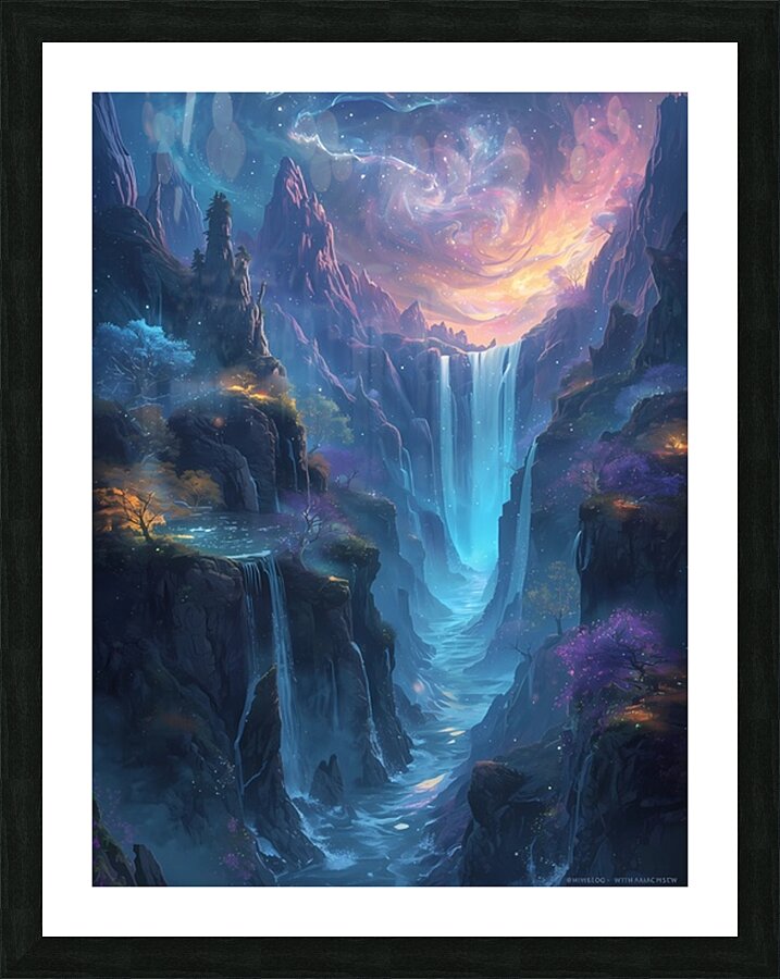 Fantasy Waterfall Landscape – Surreal Cosmic Sky and Enchanted Nature Scenery Picture Frame print