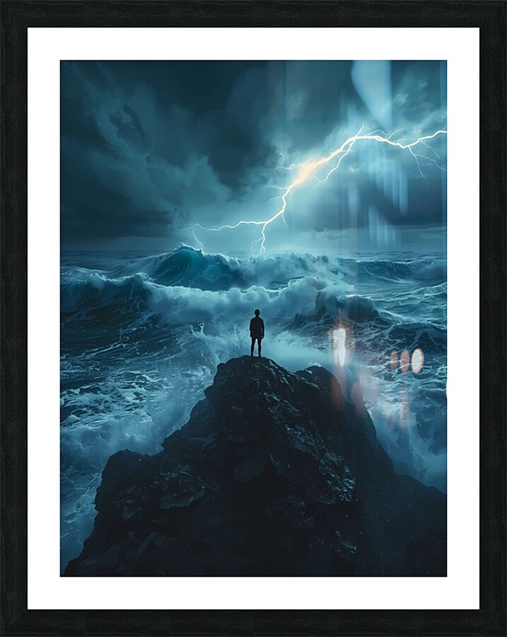 Man Standing on Rock Amid Stormy Ocean and Lightning – Dramatic and Powerful Scene Picture Frame print