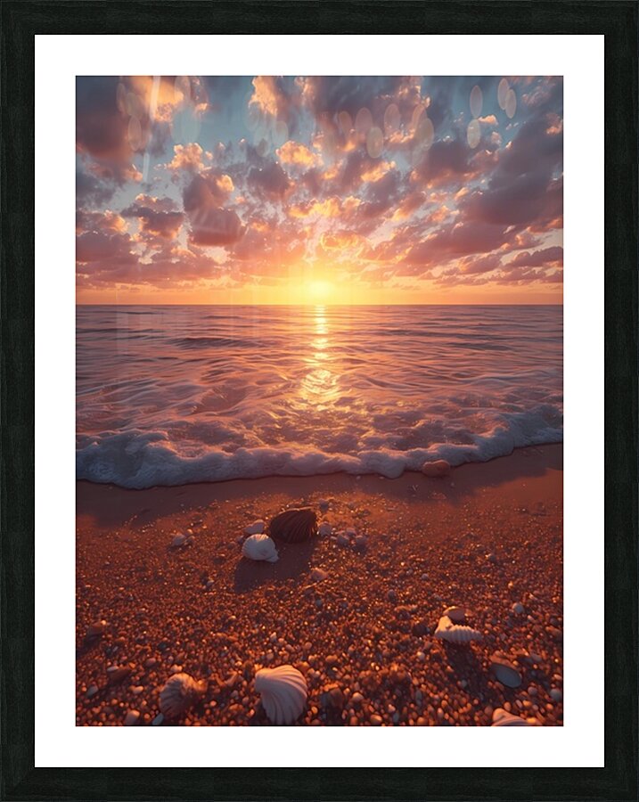 Serene Sunset Beach Scene with Seashells and Gentle Waves – Calming Ocean Wall Art Picture Frame print