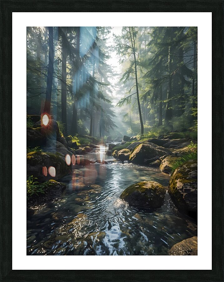 Peaceful Forest Stream – Crystal Clear River Flowing Through a Lush Green Woodland Picture Frame print