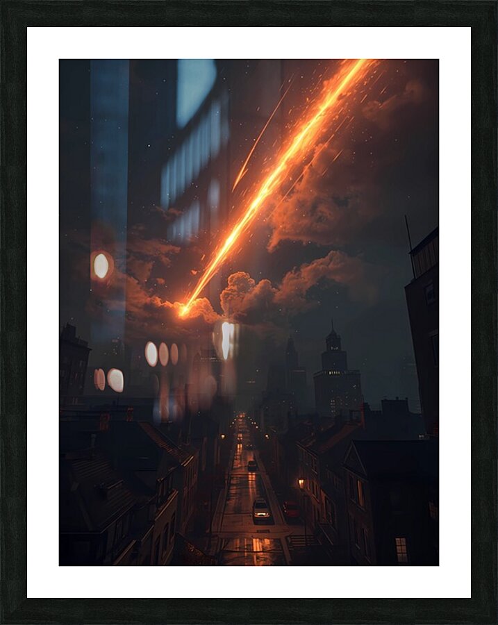 Burning Meteor Over the City – Dramatic Night Sky Art Picture Frame print