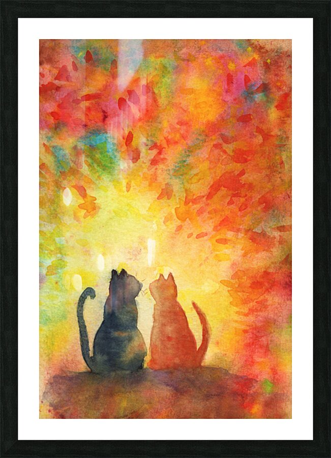 Two cats under a colorful sky Picture Frame print