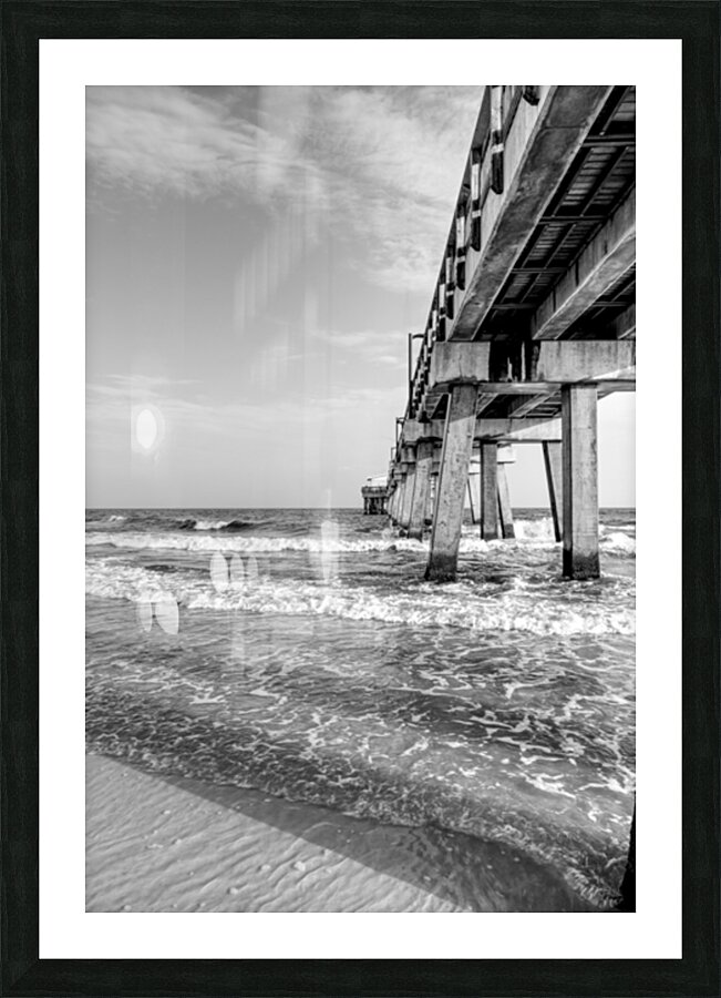 Splashing Waves Beside Gulf Shores Pier Grayscale Picture Frame print
