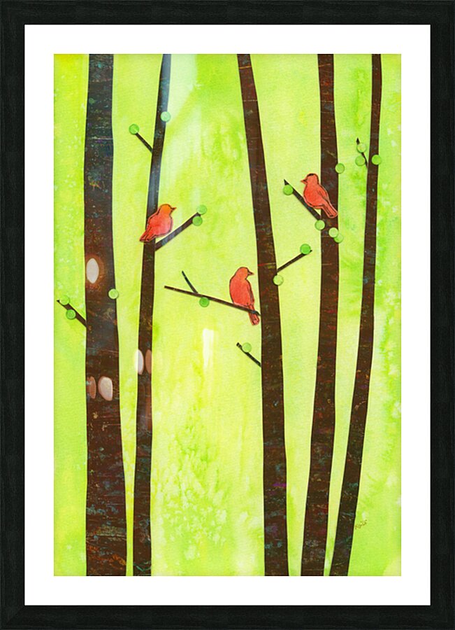 Birds in a spring forest paper collage Picture Frame print