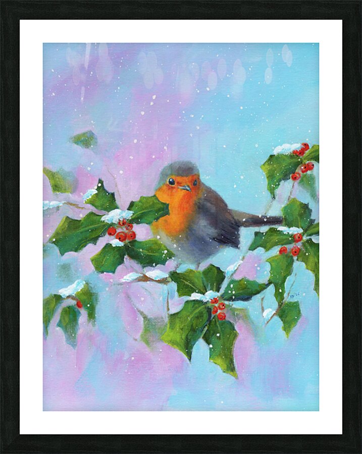 Robin with holly and winterberries vertical Picture Frame print