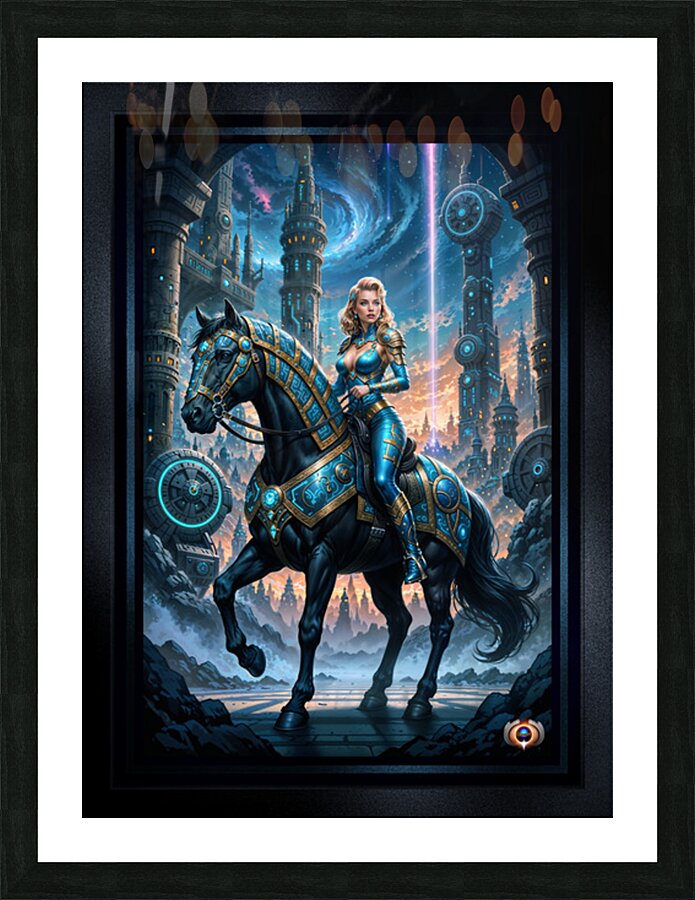 Mylara Wynthra Riding Nyxarion In Gryndorium Captivating AI Concept Art by Xzendor7 Picture Frame print