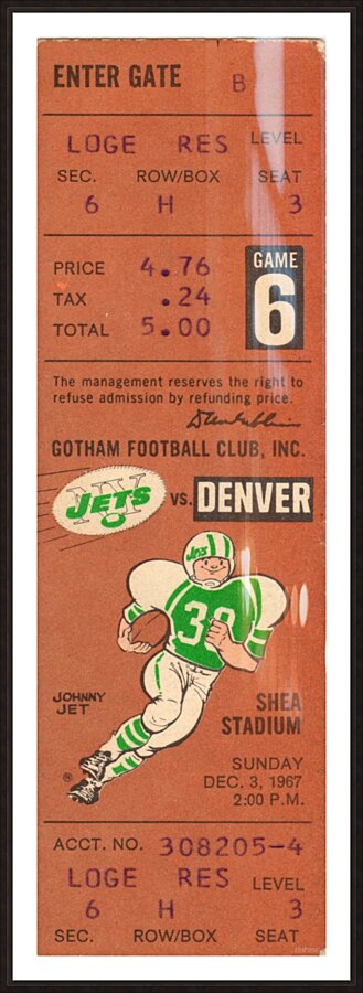 1967 Denver Broncos vs. New York Jets Football Ticket Art  Framed Print Print