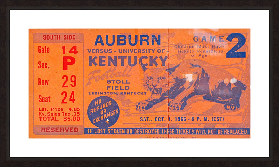 1966 Auburn vs. Kentucky Football Ticket Art Picture Frame print