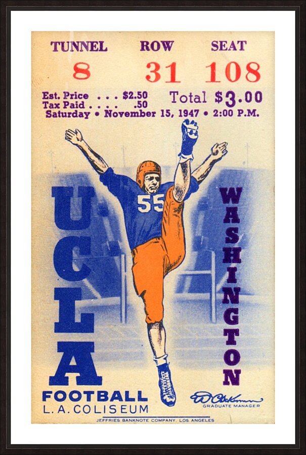 1947 Washington Huskies at UCLA Bruins Ticket Art Picture Frame print