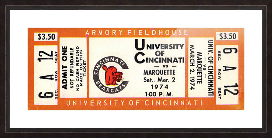 1974_College_Basketball_Marquette vs. Cincinnati_Armory Fieldhouse_Row One Brand College Ticket Picture Frame print