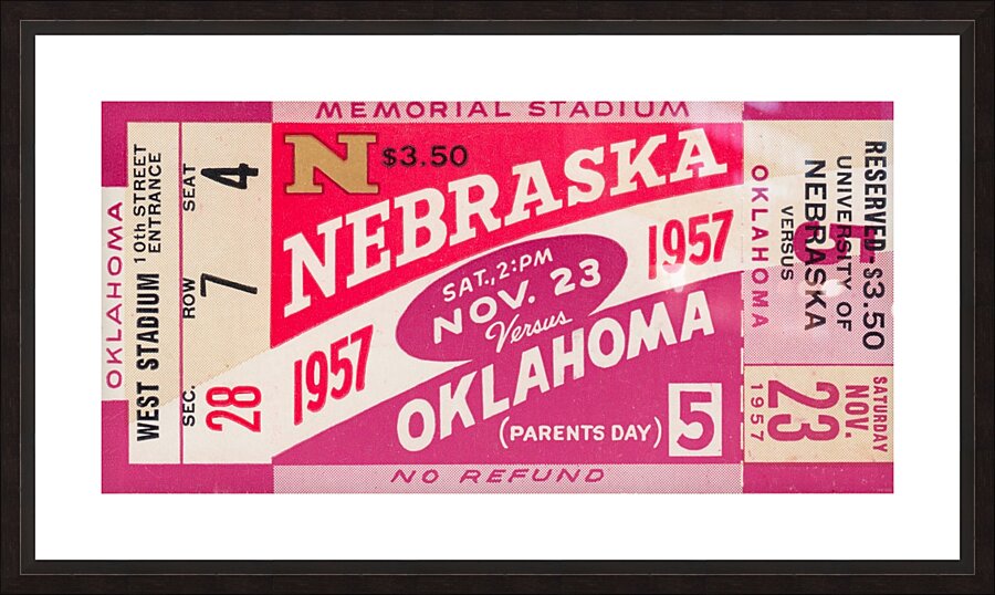 1957 Nebraska vs. Oklahoma Football Ticket Art Picture Frame print