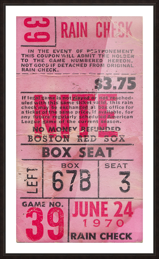 1970_Major League Baseball_Boston Red Sox Ticket Stub Art_Fenway Park Artwork_Red Sox vs. Orioles Picture Frame print