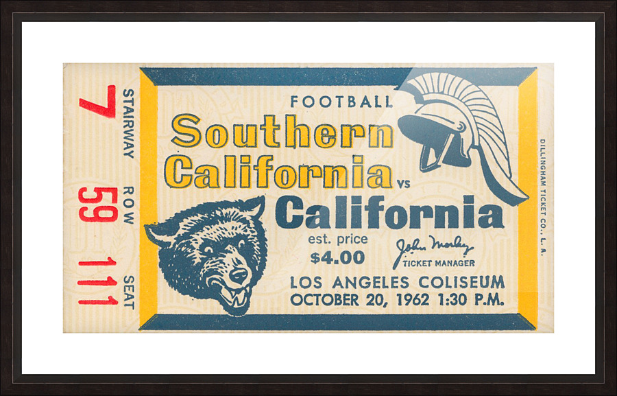 1962_College Football Ticket Stub_USC Trojans vs. Cal Bears_Los Angeles Coliseum Tickets_Row One Art Picture Frame print