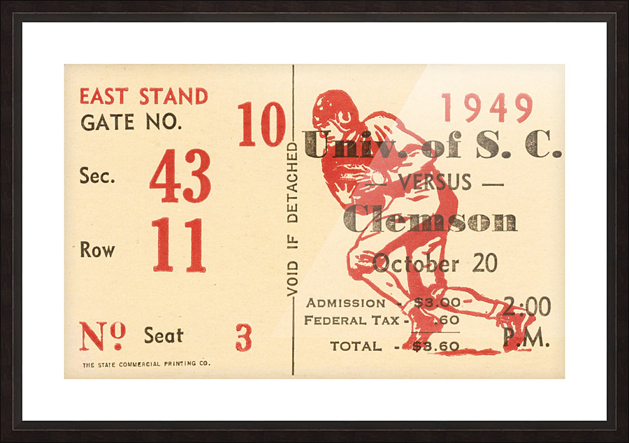 1949 south carolina gamecocks palmetto bowl ticket stub wall art metal sign wood prints Picture Frame print
