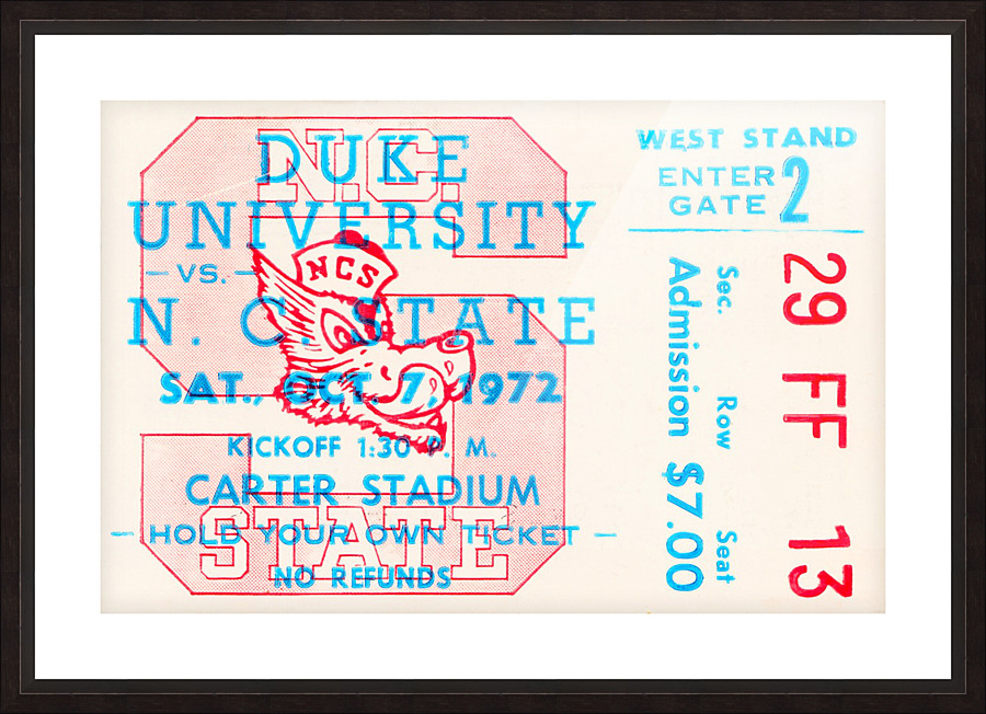 1972 nc state wolfpack football ticket art Picture Frame print