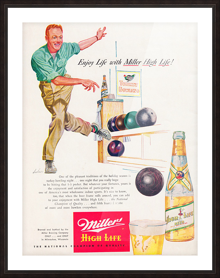 vintage miller beer advertisement bowling Picture Frame print