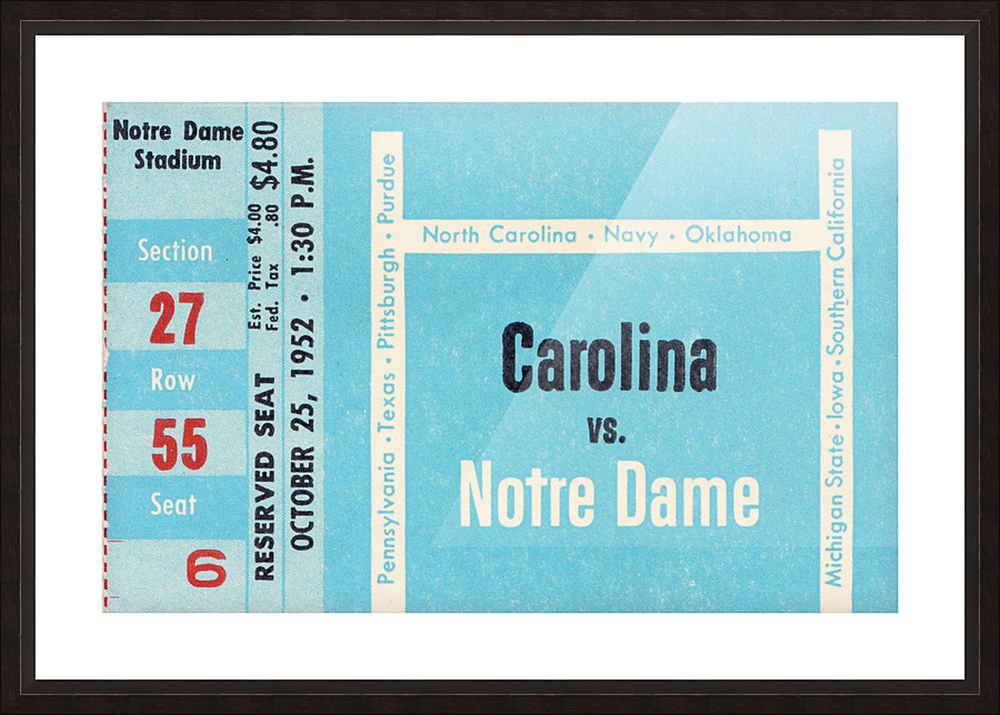 1952 north carolina tar heels notre dame irish college football sports ticket art south bend indiana Picture Frame print