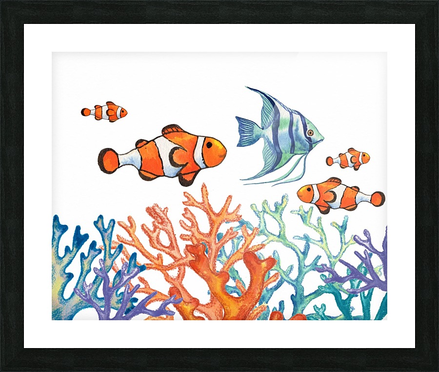 Angel Fish and Clown Fish In Coral Reef Watercolor   Framed Print Print