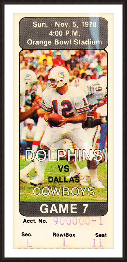 1978 Miami Dolphins vs. Dallas Cowboys Ticket Art Picture Frame print