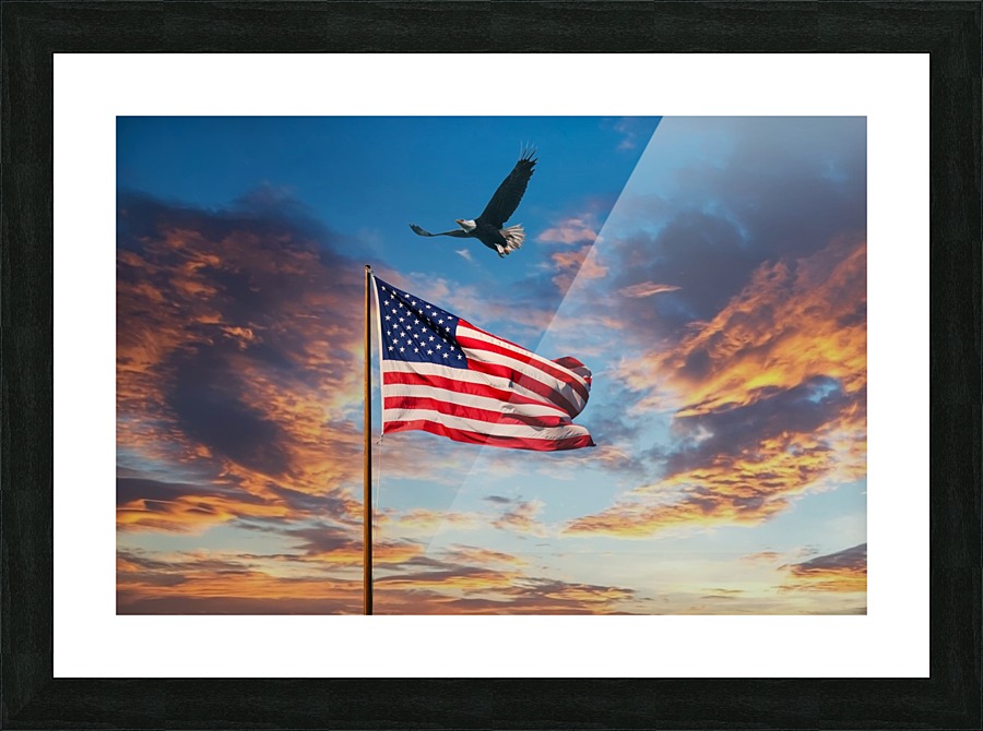 American Flag on Old Flagpole at Sunset with Eagle Picture Frame print
