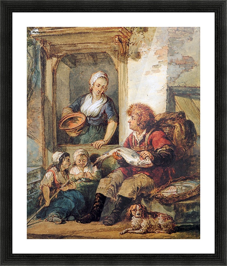 Fish salesman at woman and chidren Picture Frame print