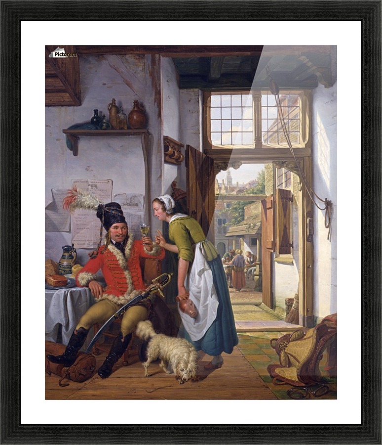 A soldier and a waitress in a tavern Picture Frame print