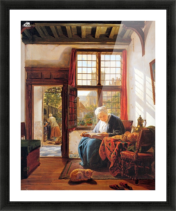 Reading old woman at window Picture Frame print
