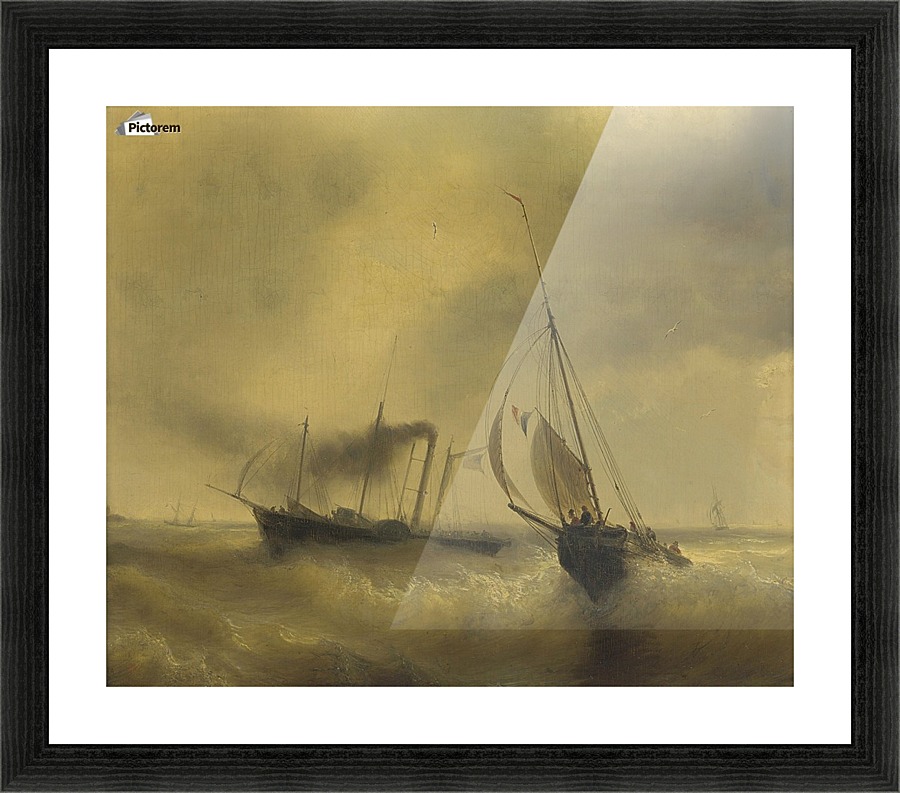 A paddle steamer passing a French fishing vessel in rough waters Picture Frame print