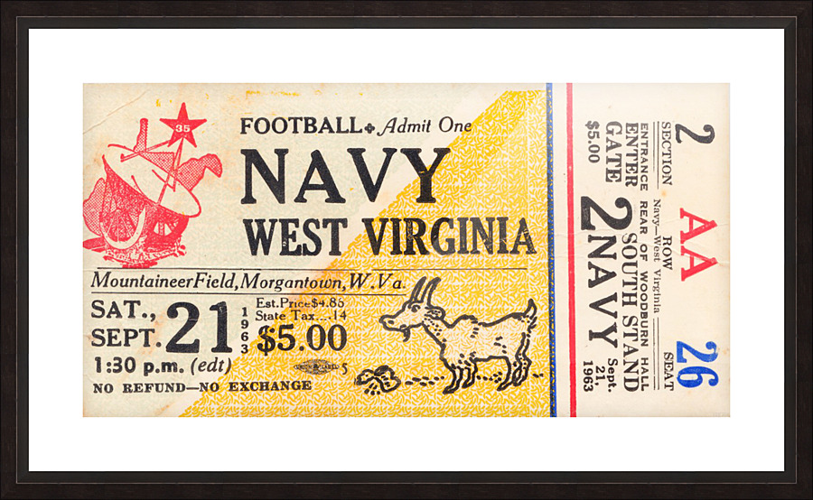 1963 Navy vs. West Virginia Mountaineers Ticket Stub Art Picture Frame print