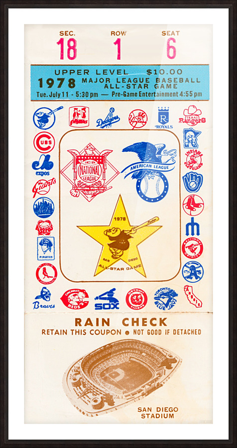 1978 San Diego Padres Baseball All-Star Ticket Canvas Picture Frame print