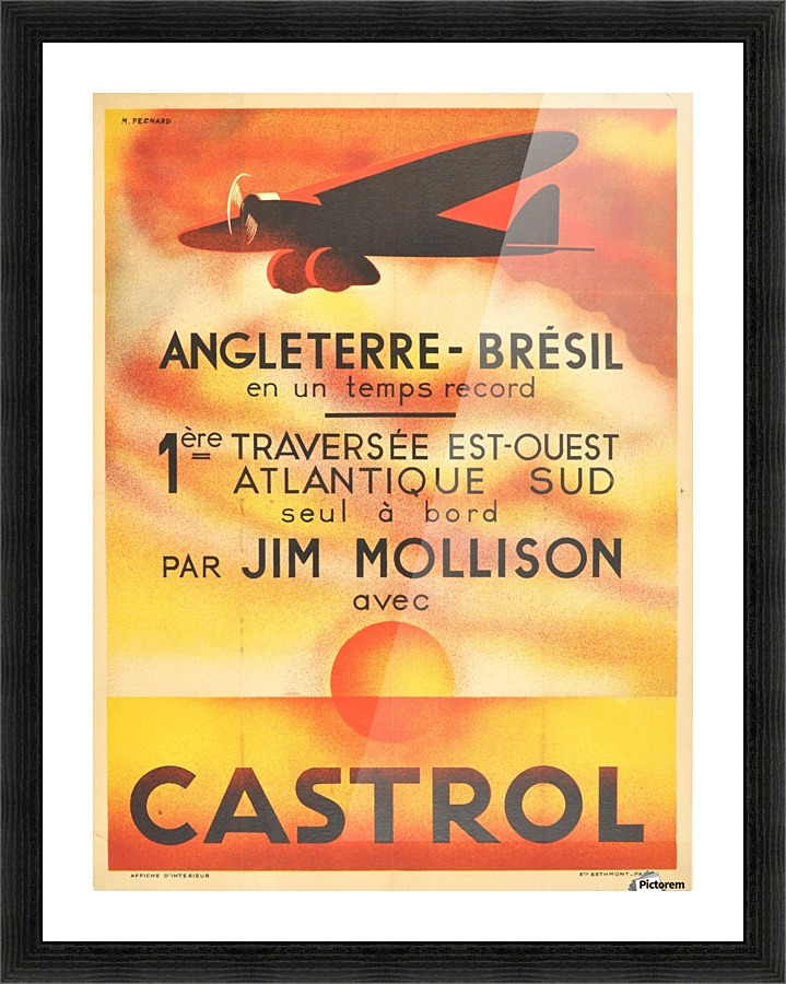 Original Art Deco Airplane Poster Castrol Jim Mollison Art Deco England Brazil  Framed Print Print