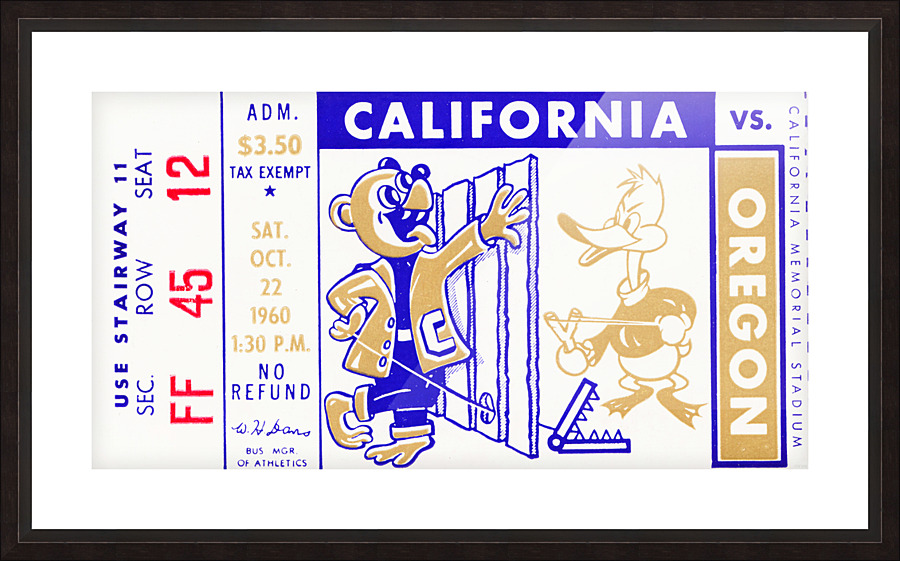 1960 Oregon Ducks vs. California Bears Football Ticket Canvas Picture Frame print