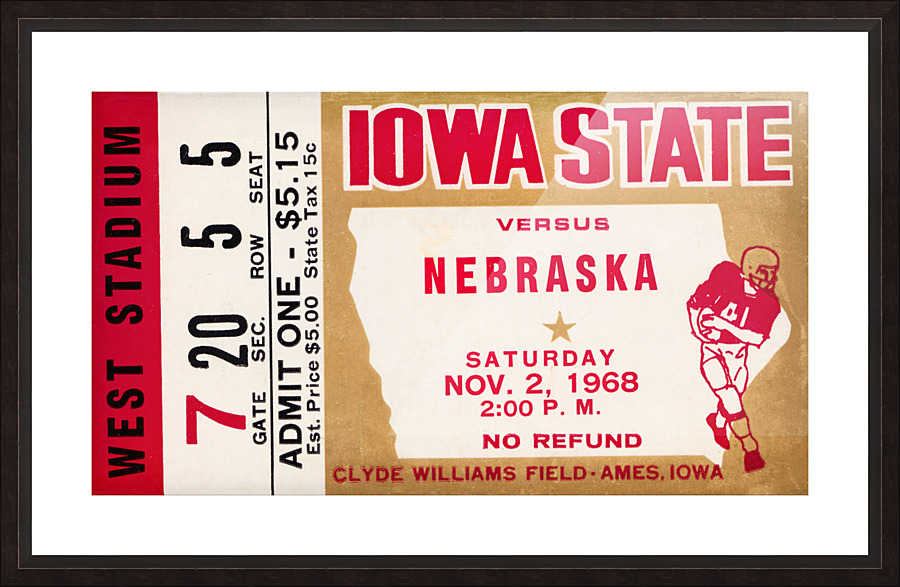 1968 Iowa State vs. Nebraska Football Ticket Stub Canvas Picture Frame print