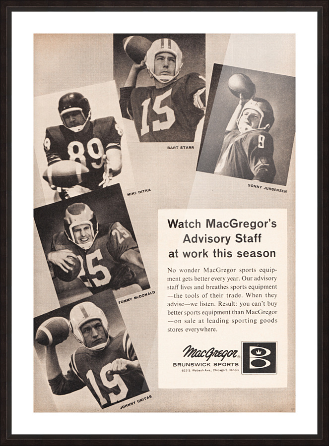 1963 MacGregor Johhny Unitas Football Ad Poster Picture Frame print