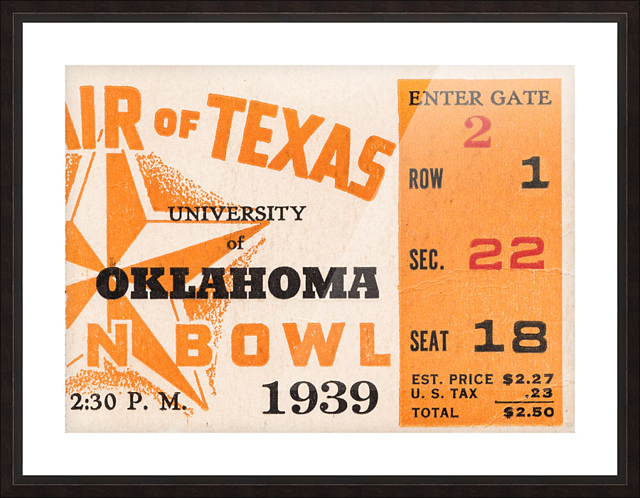 1939 Texas Longhorns vs. Oklahoma Sooners Ticket Art Picture Frame print