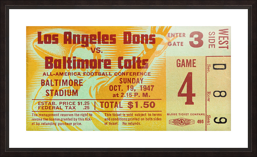 1947 Baltimore Colts vs. LA Dons Ticket Stub Art Picture Frame print