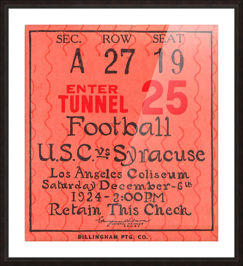 1924 USC vs. Syracuse Football Ticket Stub Metal Sign Picture Frame print