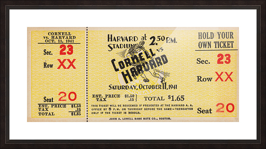 1941 Cornell vs. Harvard Football Ticket Canvas Picture Frame print