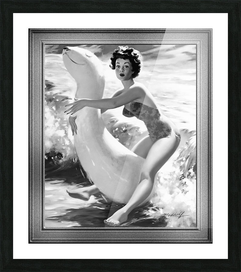 Riding The Waves by Bill Medcalf Black and White Vintage Pin Up Girl Art Picture Frame print