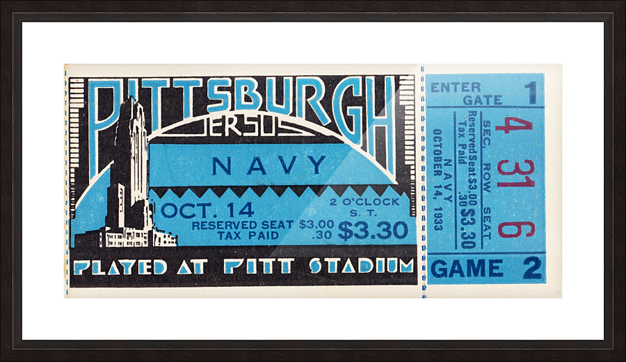 1933 Pittsburgh vs. Navy Football Ticket Art Picture Frame print