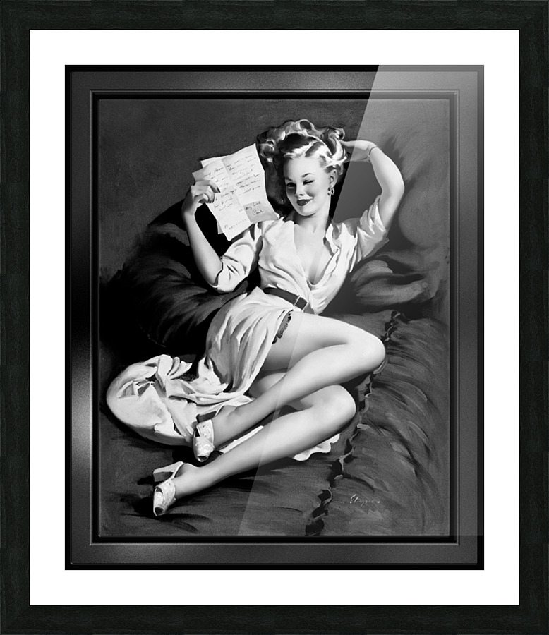 A Love Letter Pin-up Girl Illustration by Gil Elvgren Black and White Xzendor7 Old Masters Vintage Art Reproductions  Framed Print Print