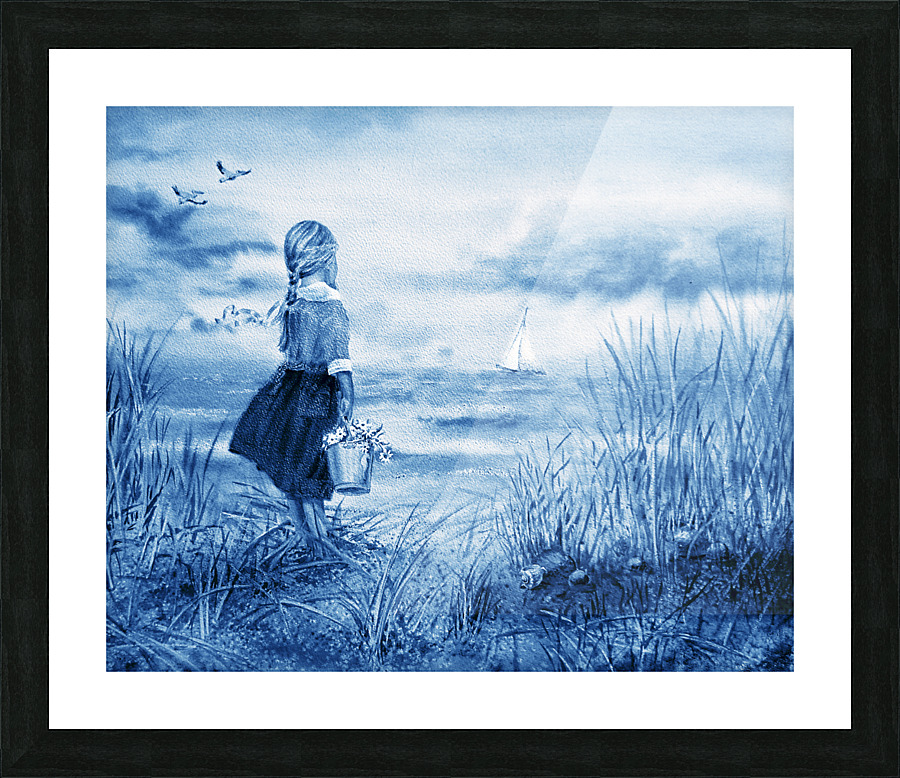 Girl And The Ocean Beach Painting In Ultramarine Blue   Framed Print Print