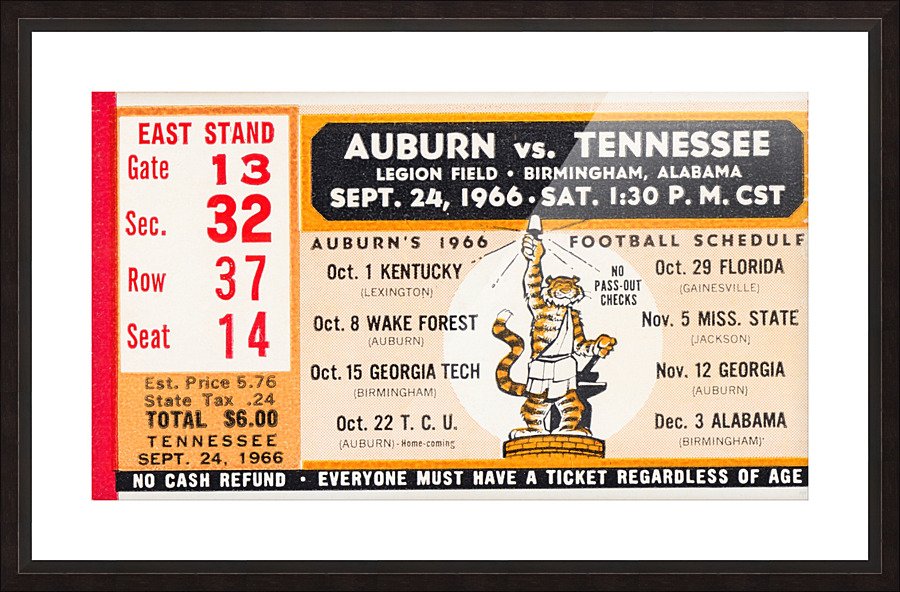 1966 Tennessee vs. Auburn Football Ticket Stub Art Picture Frame print